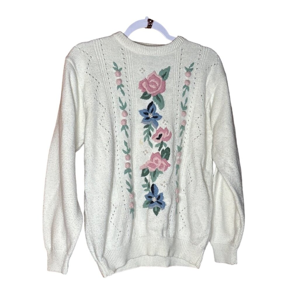 Vintage Alfred Dunner Floral Embroidered Sweater With Pearl Accents In Ivory